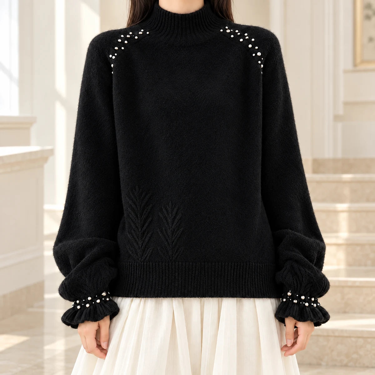 Knit Sweater | Selene in Black neck down lifestyle view