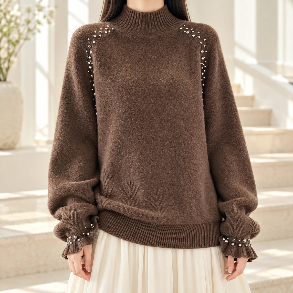Knit Sweater | Selene in Brown neck down lifestyle view