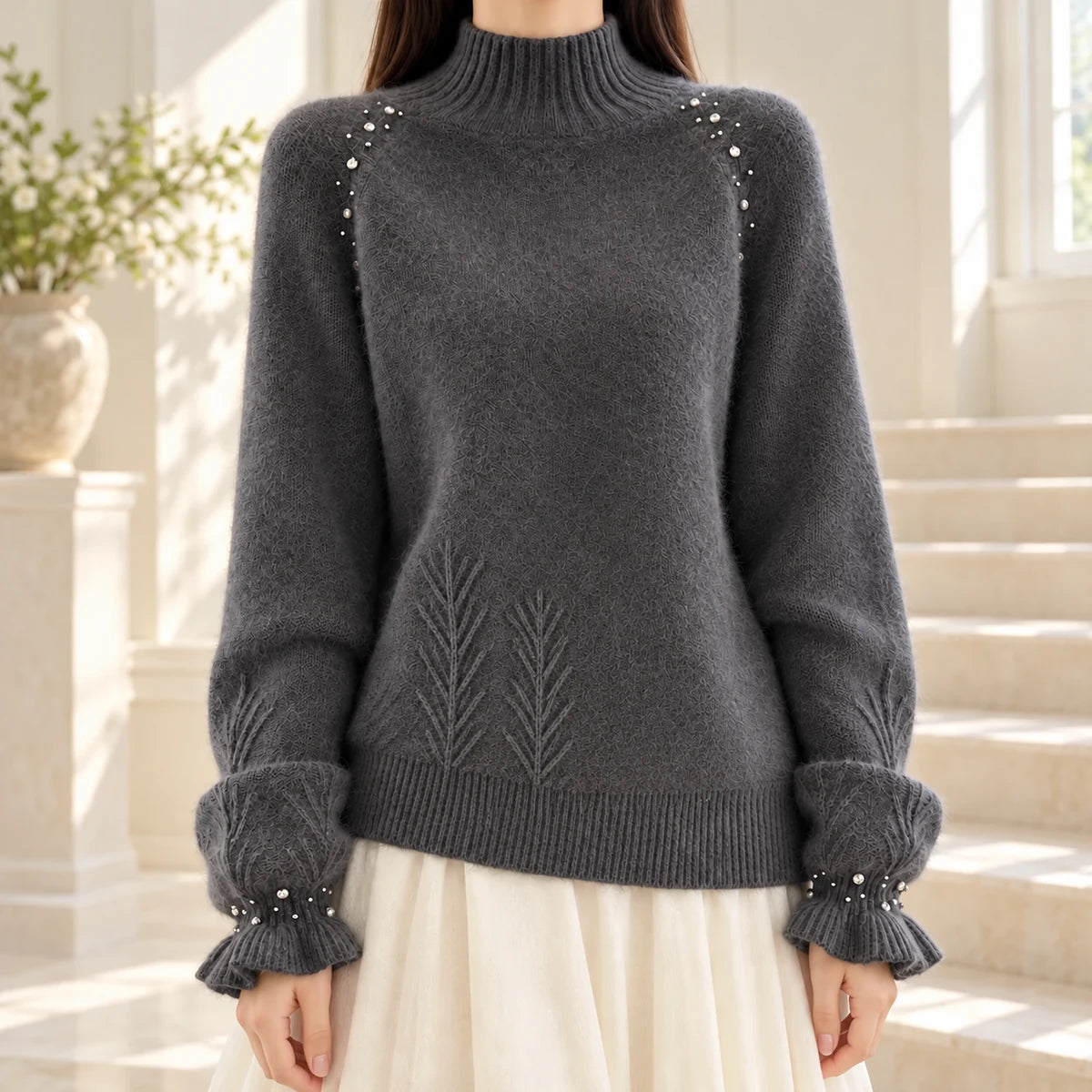 Knit Sweater | Selene in Gray neck down lifestyle view