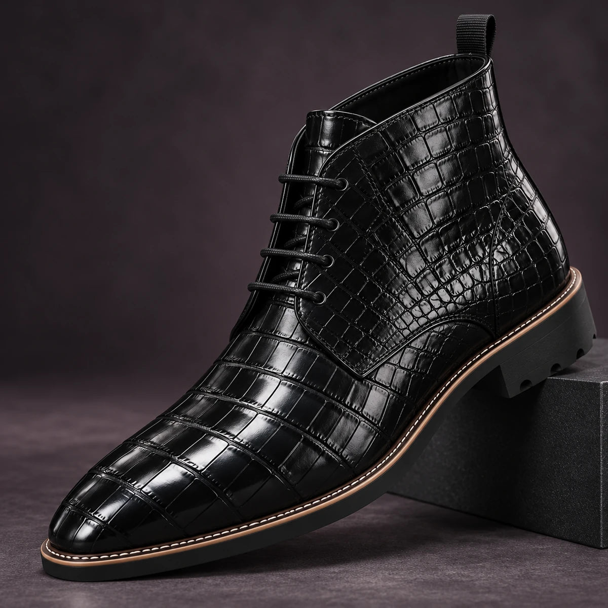 Leather Boots | Erland Black Lace Up diagonal pedestal