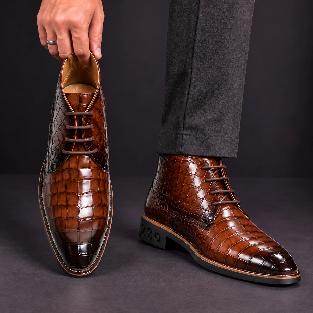 Leather Boots | Erland Brown Lace Up model handheld
