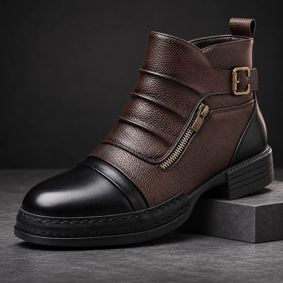 Leather Boots | Idris Black diagonal pedestal