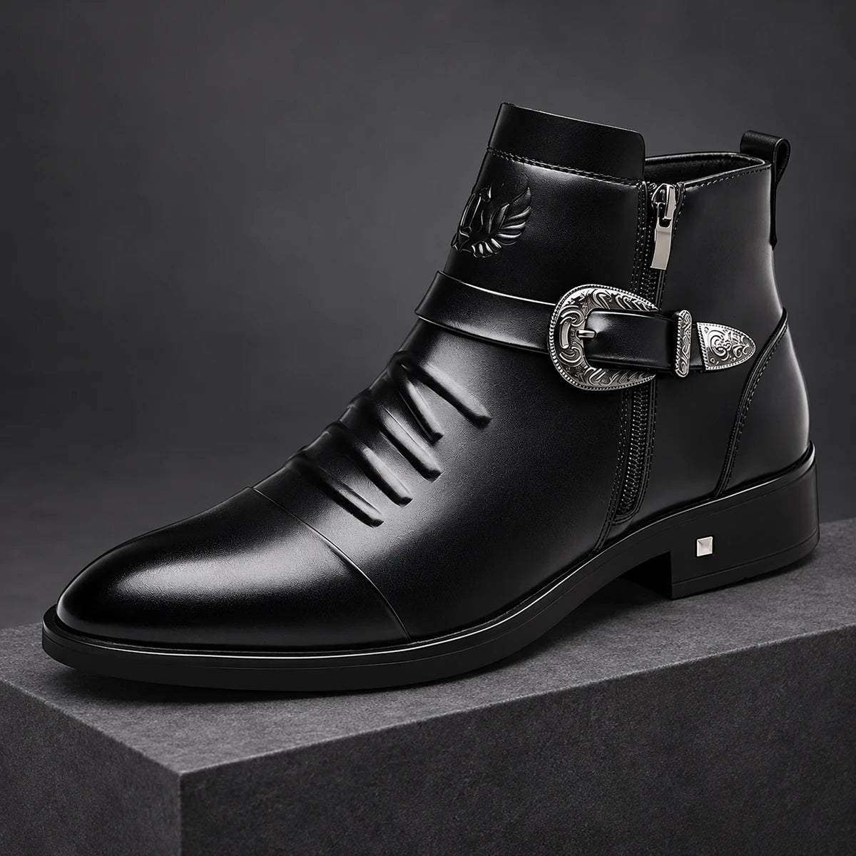 Leather Boots | Ingram Black Lined diagonal pedestal