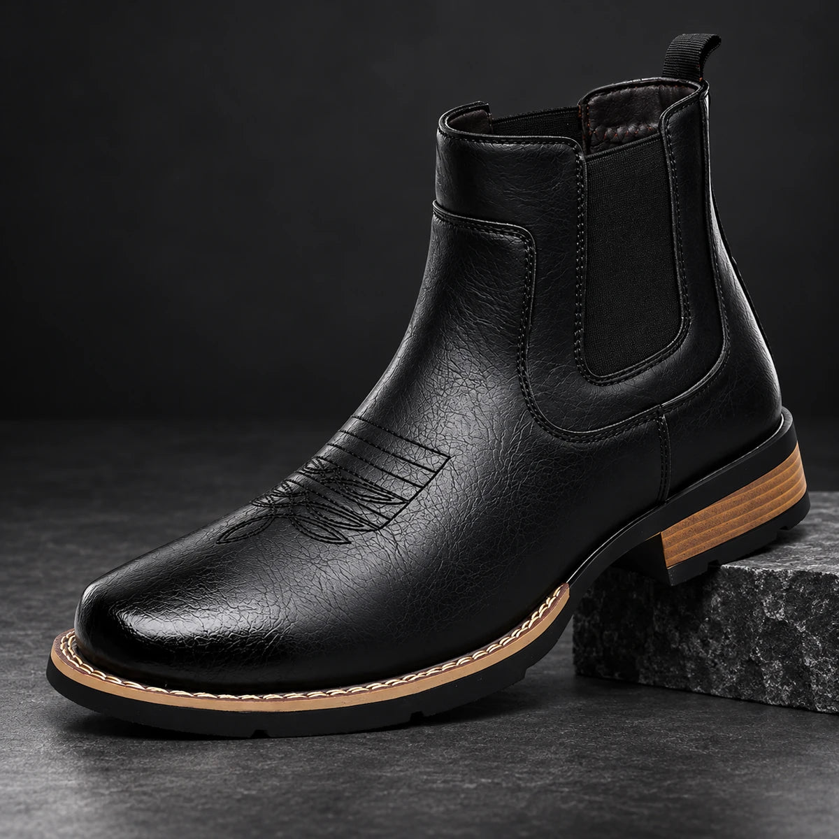 Leather Chelsea Boots | Elwood Black diagonal pedestal