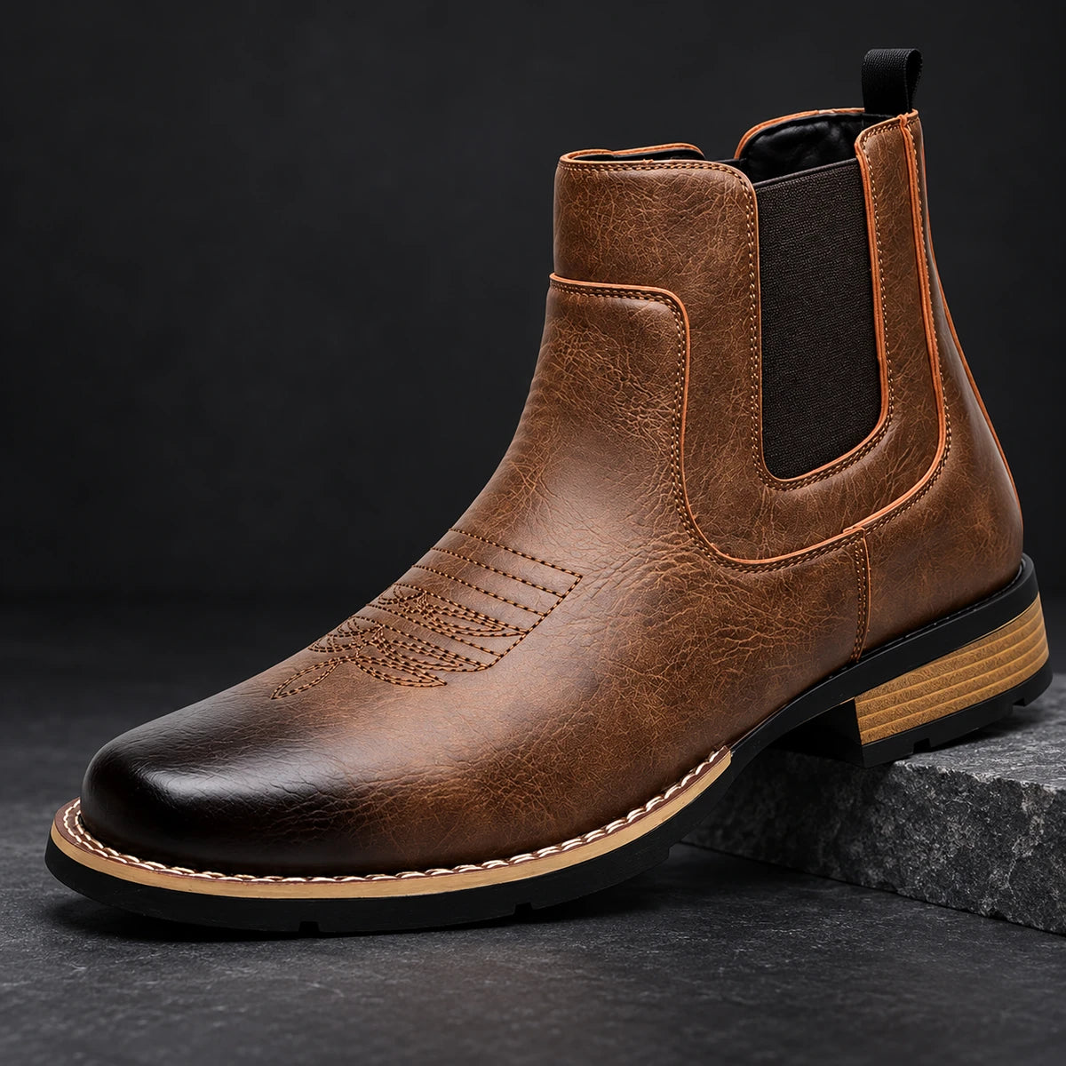 Leather Chelsea Boots | Elwood Brown diagonal pedestal
