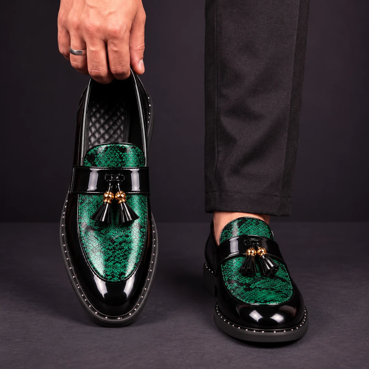 Leather Loafers | Caspien Green front model view, matching left and right shoes