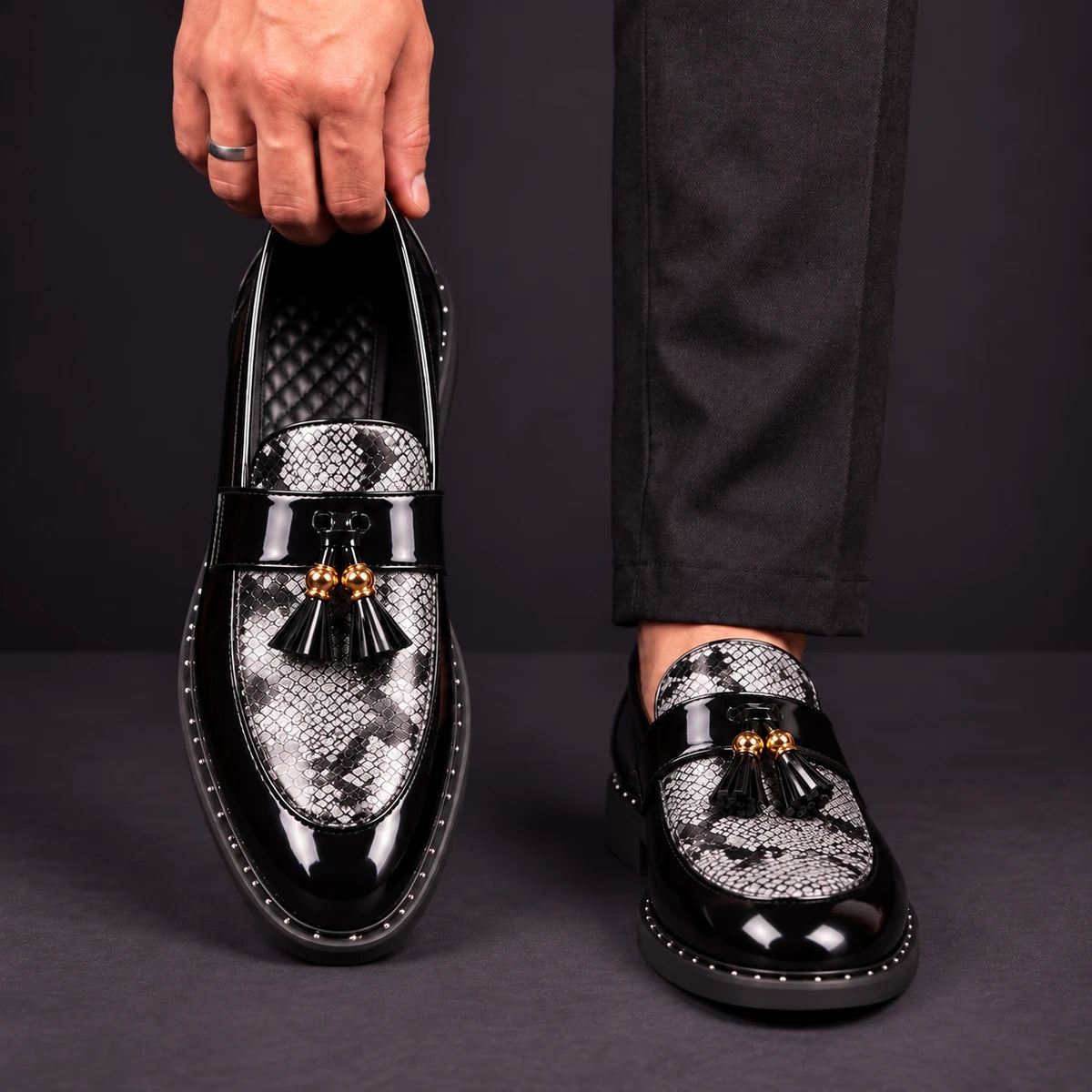 Leather Loafers | Caspien Silver front model view, matching left and right shoes