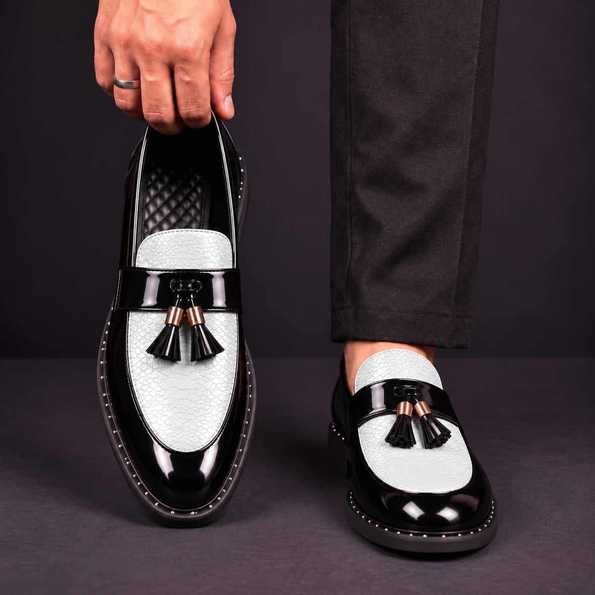 Leather Loafers | Caspien White front model view, matching left and right shoes