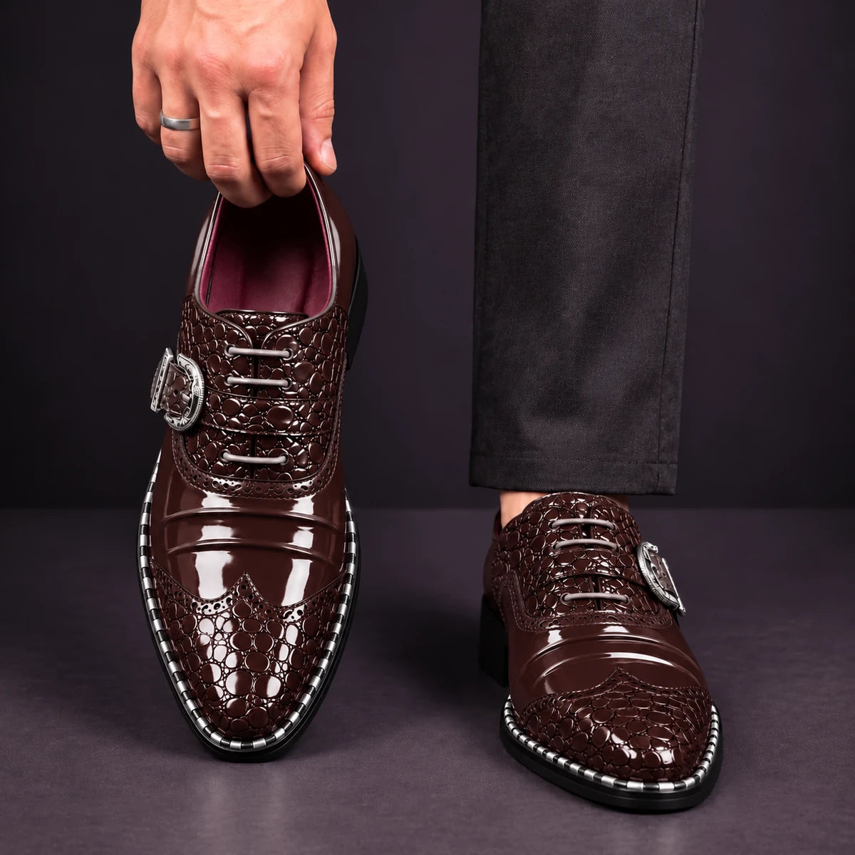 Leather Shoes | Anatole Brown front model view, matching left and right shoes