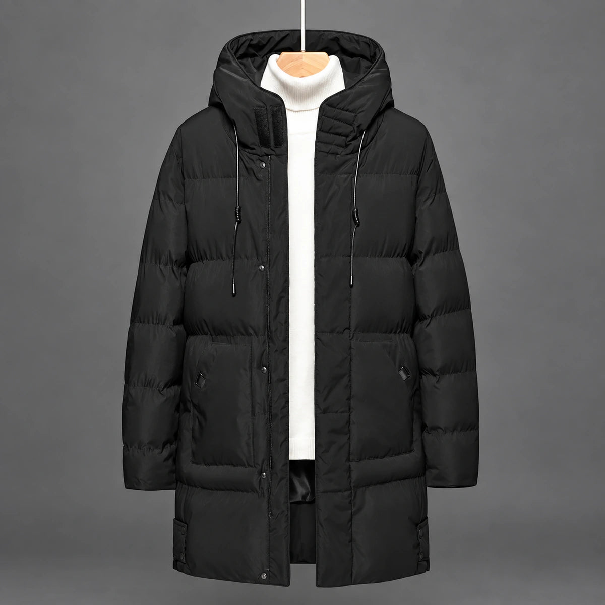 Long Quilted Hooded Parka | Alden in Black, front hanging studio view