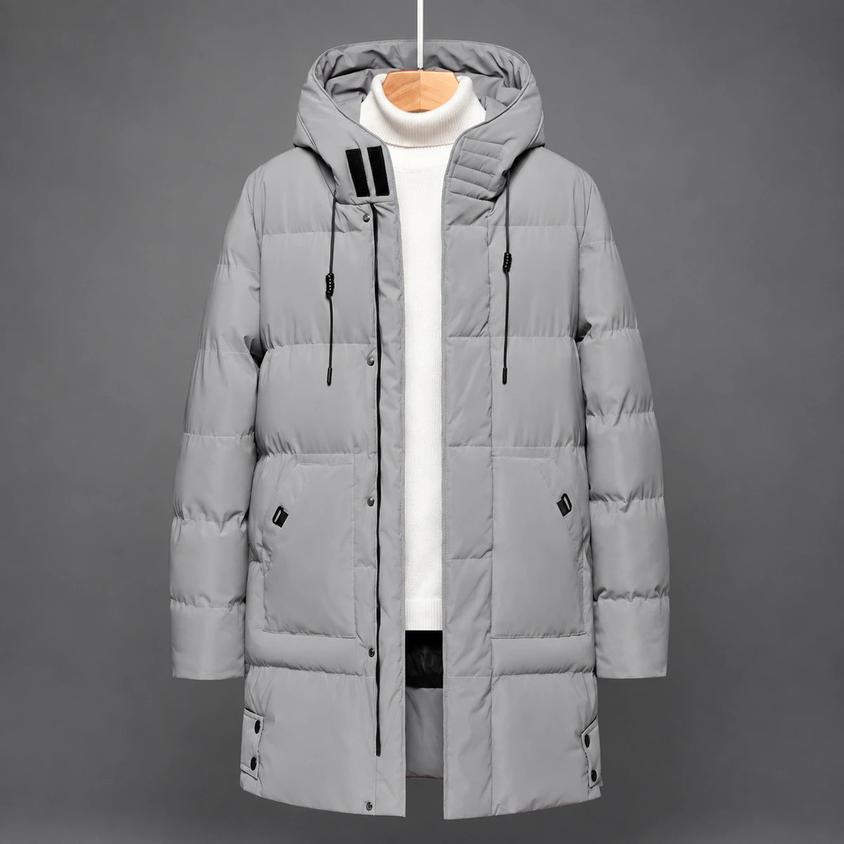 Long Quilted Hooded Parka | Alden in Gray, front hanging studio view