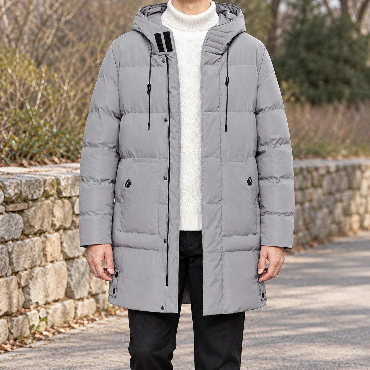 Long Quilted Hooded Parka | Alden in Gray, neck down lifestyle view