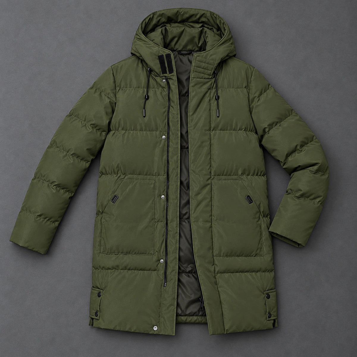 Long Quilted Hooded Parka | Alden in Olive Green, top down studio flat lay