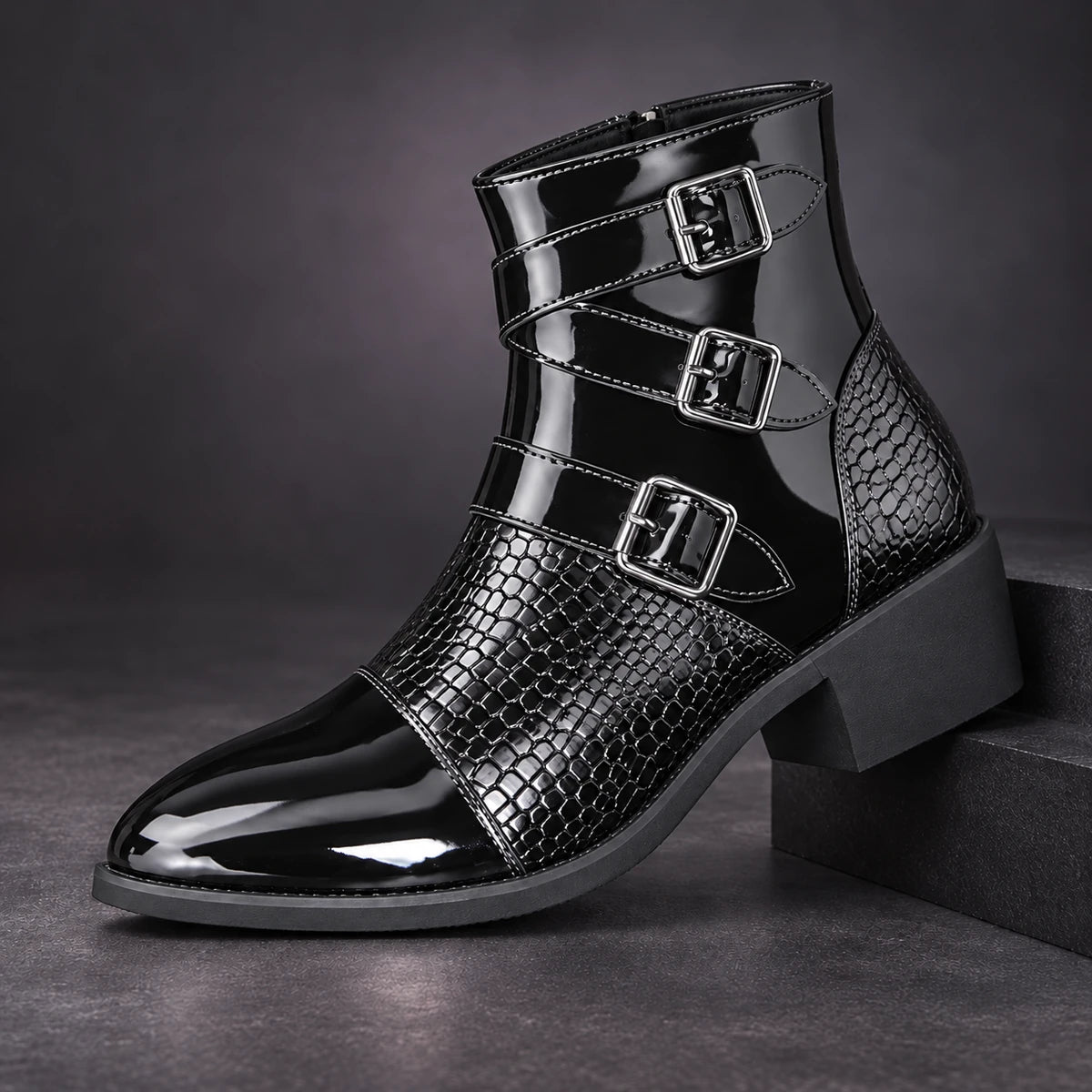 Leather Boots | Severin Black diagonal pedestal