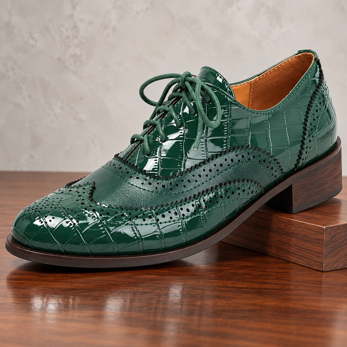 Patent Oxfords | Celine Green diagonal pedestal