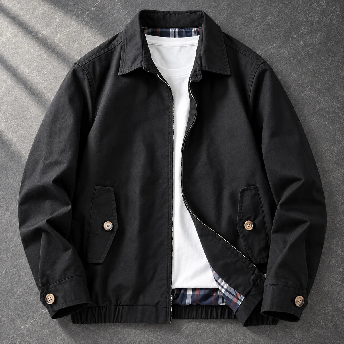 Cotton Harrington Jacket | Felix Black true overhead open flat lay displaying plaid on graphite tabletop