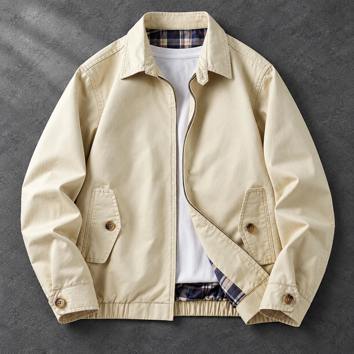 Cotton Harrington Jacket | Felix Cream true overhead open flat lay displaying plaid on graphite tabletop