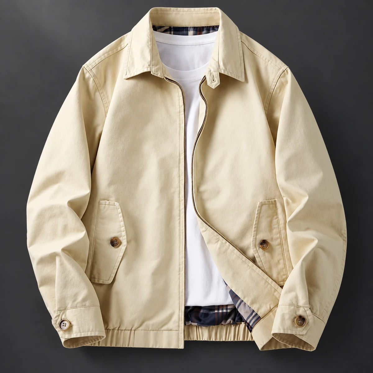 Cotton Harrington Jacket | Felix Cream front ghost garment with open zip revealing plaid lining on charcoal studio backdrop