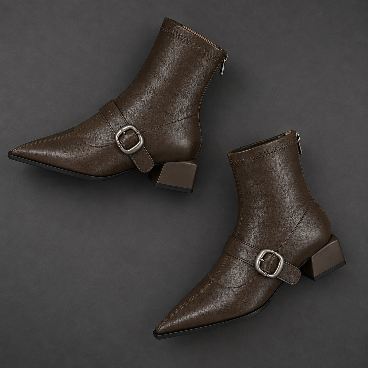 Pointed Toe Buckle Ankle Boots | Serena in Dark Brown, overhead opposing diagonal pair