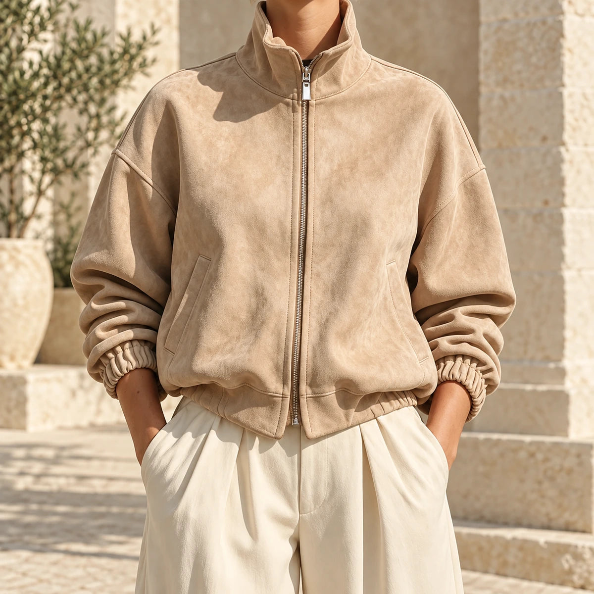 Suede-Effect Jacket | Adeline in Beige neck down lifestyle view