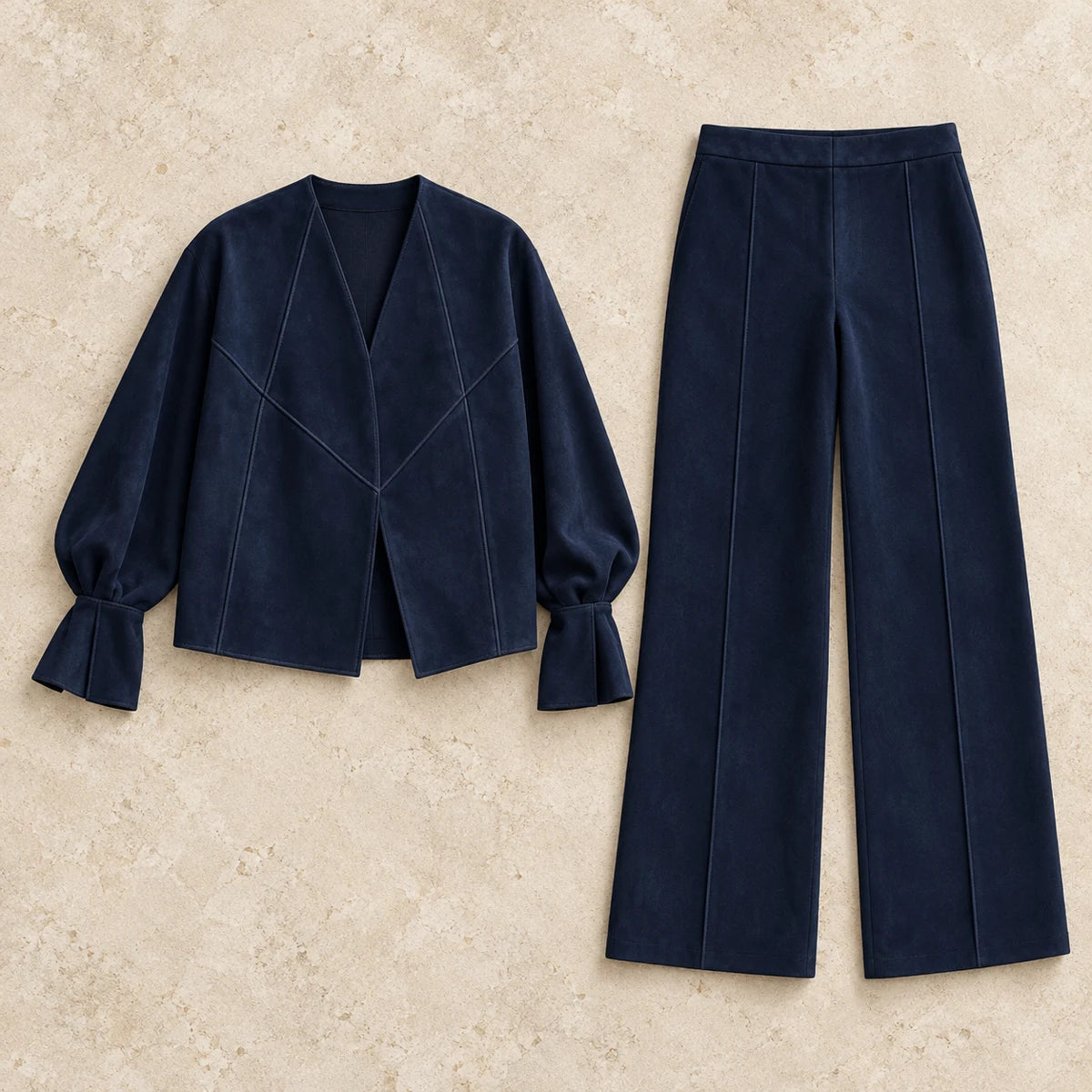 Suede-Effect Trouser Set | Matilda Blue flatlay