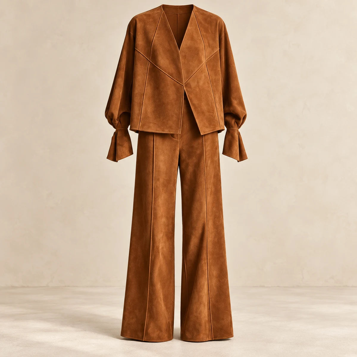 Suede-Effect Trouser Set | Matilda Brown front