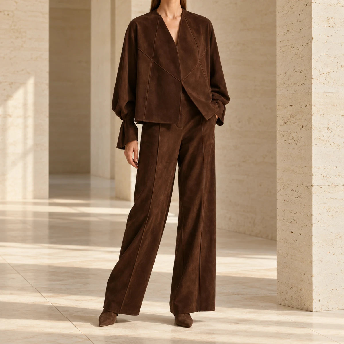 Suede-Effect Trouser Set | Matilda Dark Brown lifestyle