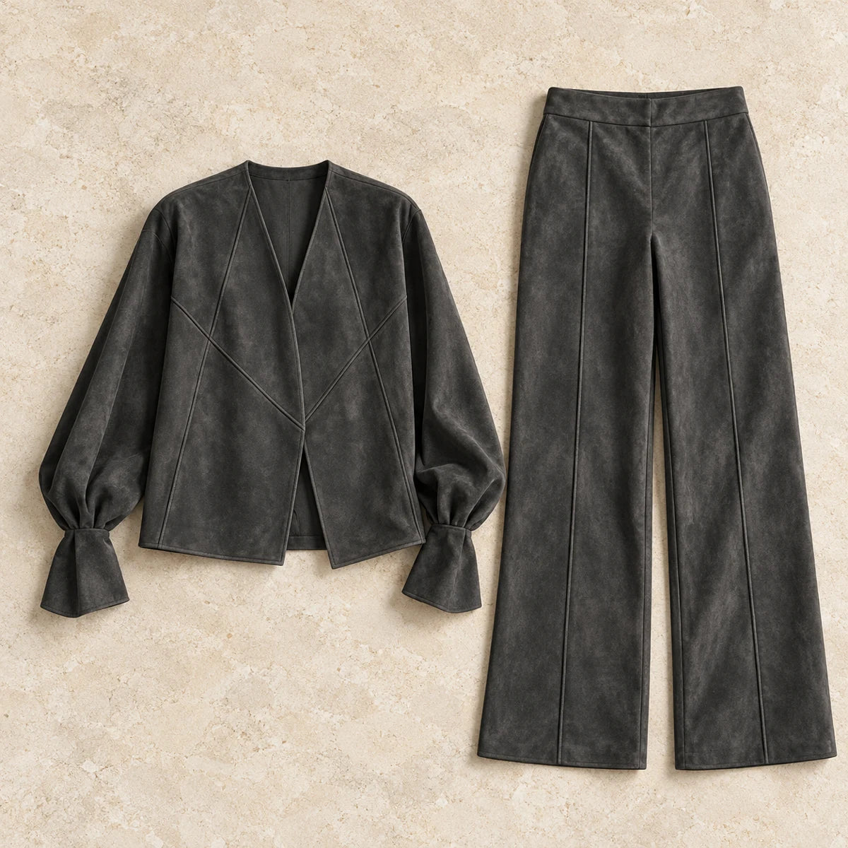 Suede-Effect Trouser Set | Matilda Gray flatlay