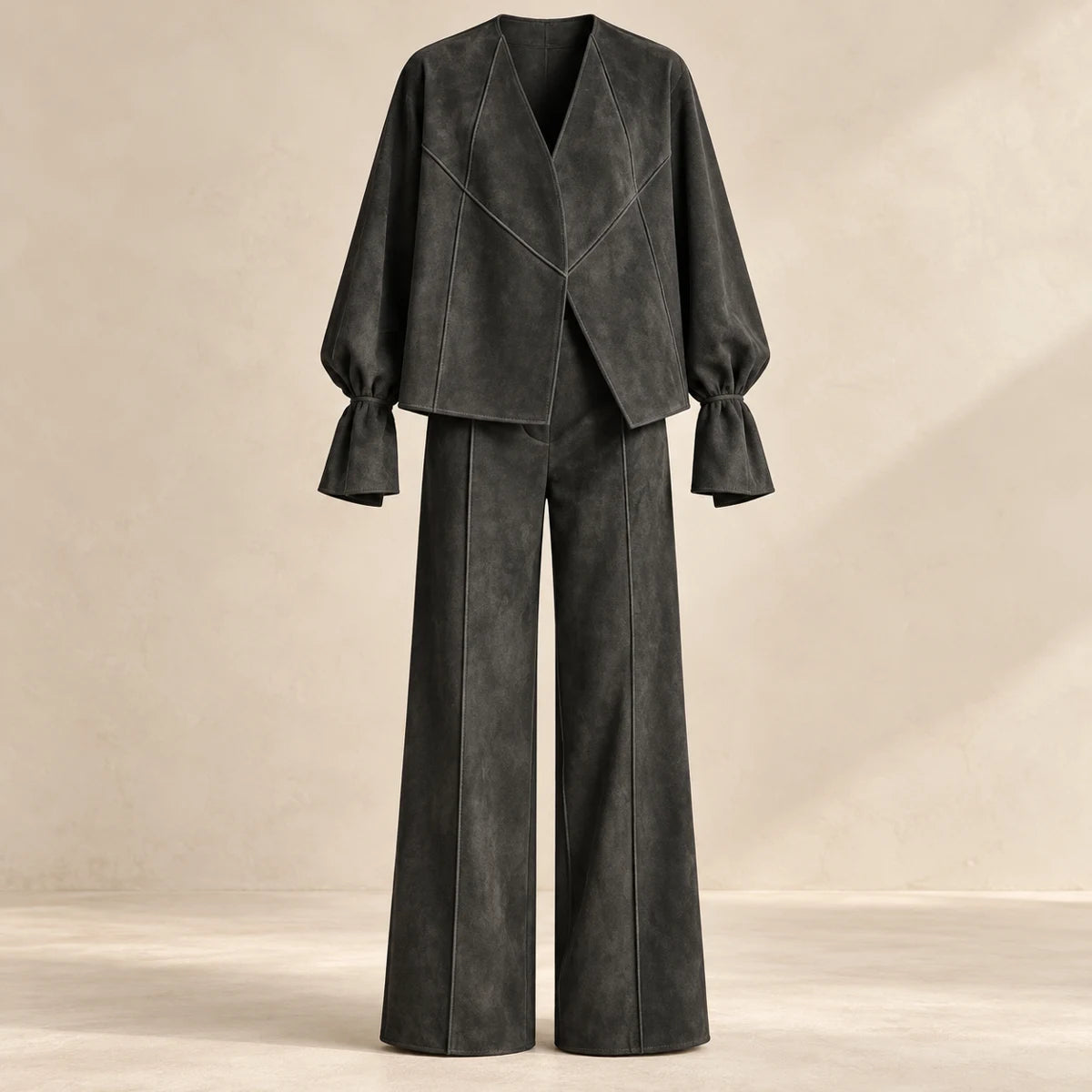 Suede-Effect Trouser Set | Matilda Gray front