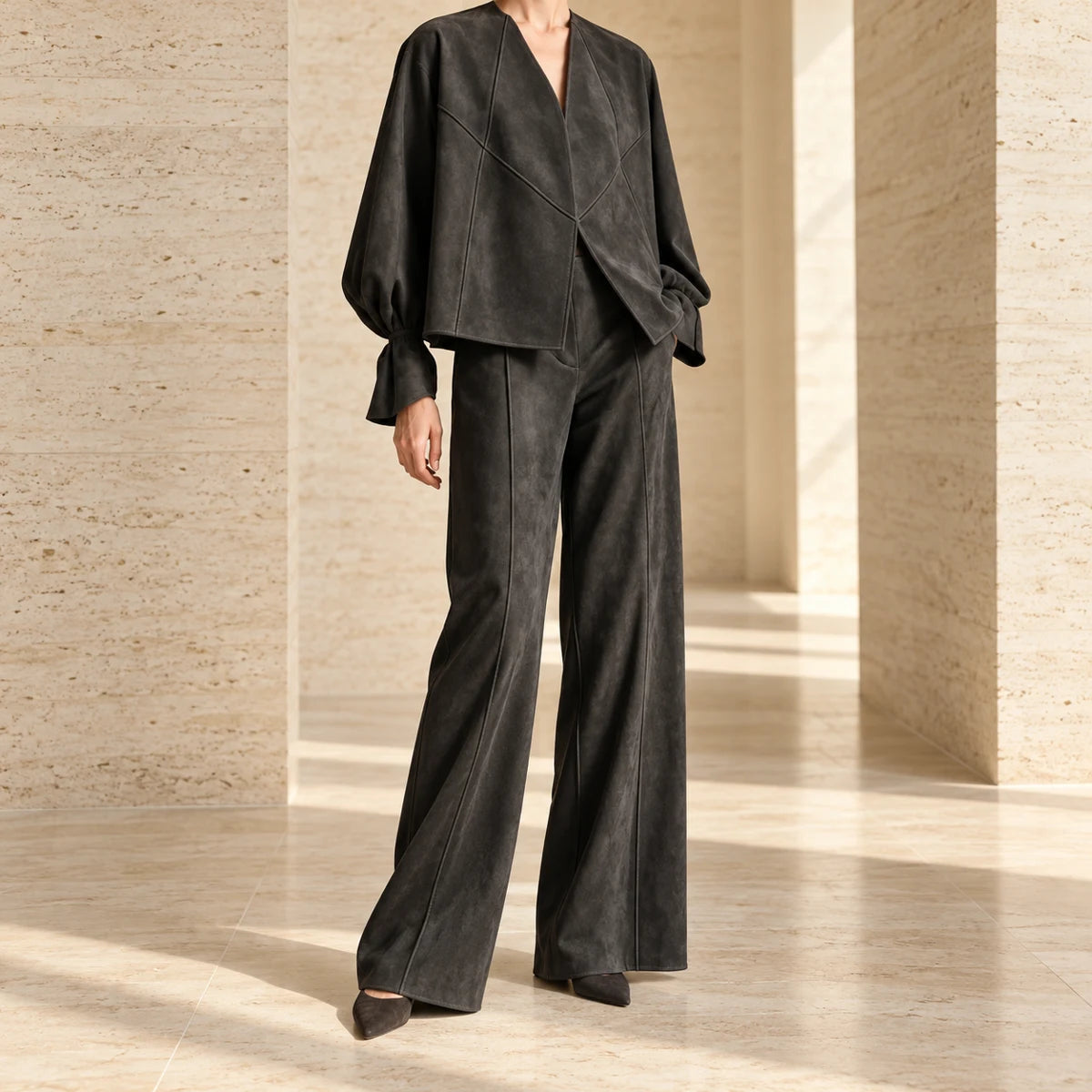 Suede-Effect Trouser Set | Matilda Gray lifestyle