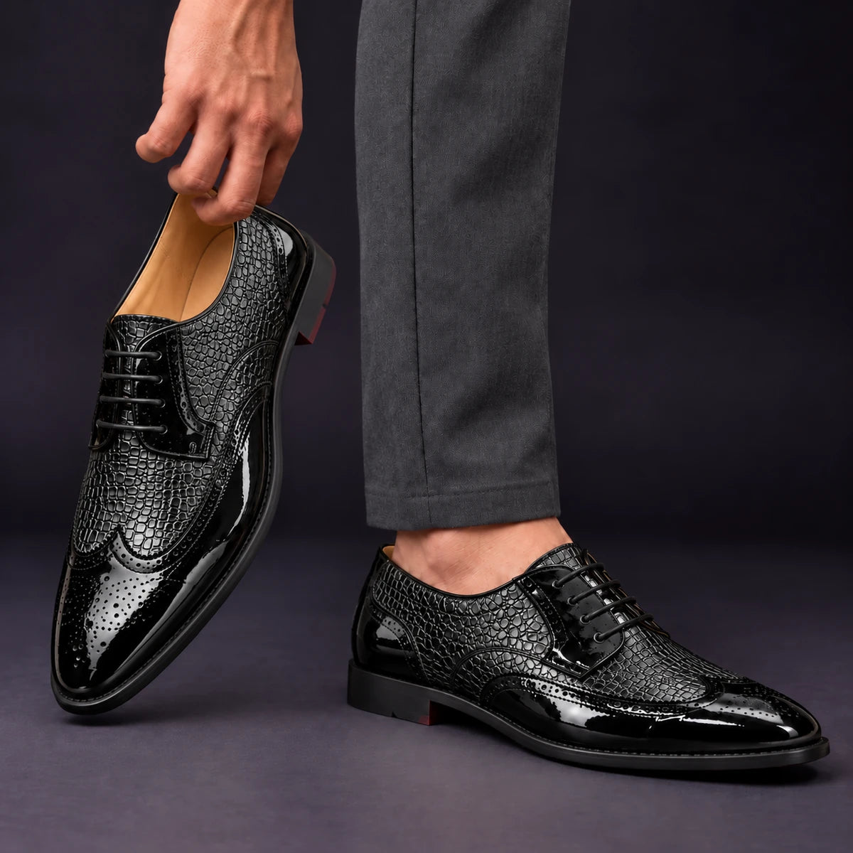 Leather Oxfords | Sven Black model handheld, matching left and right pair