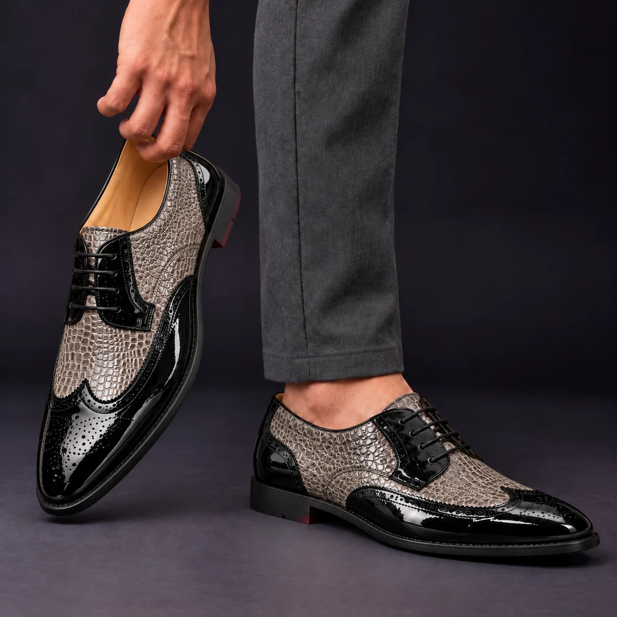 Leather Oxfords | Sven Gray model handheld, matching left and right pair
