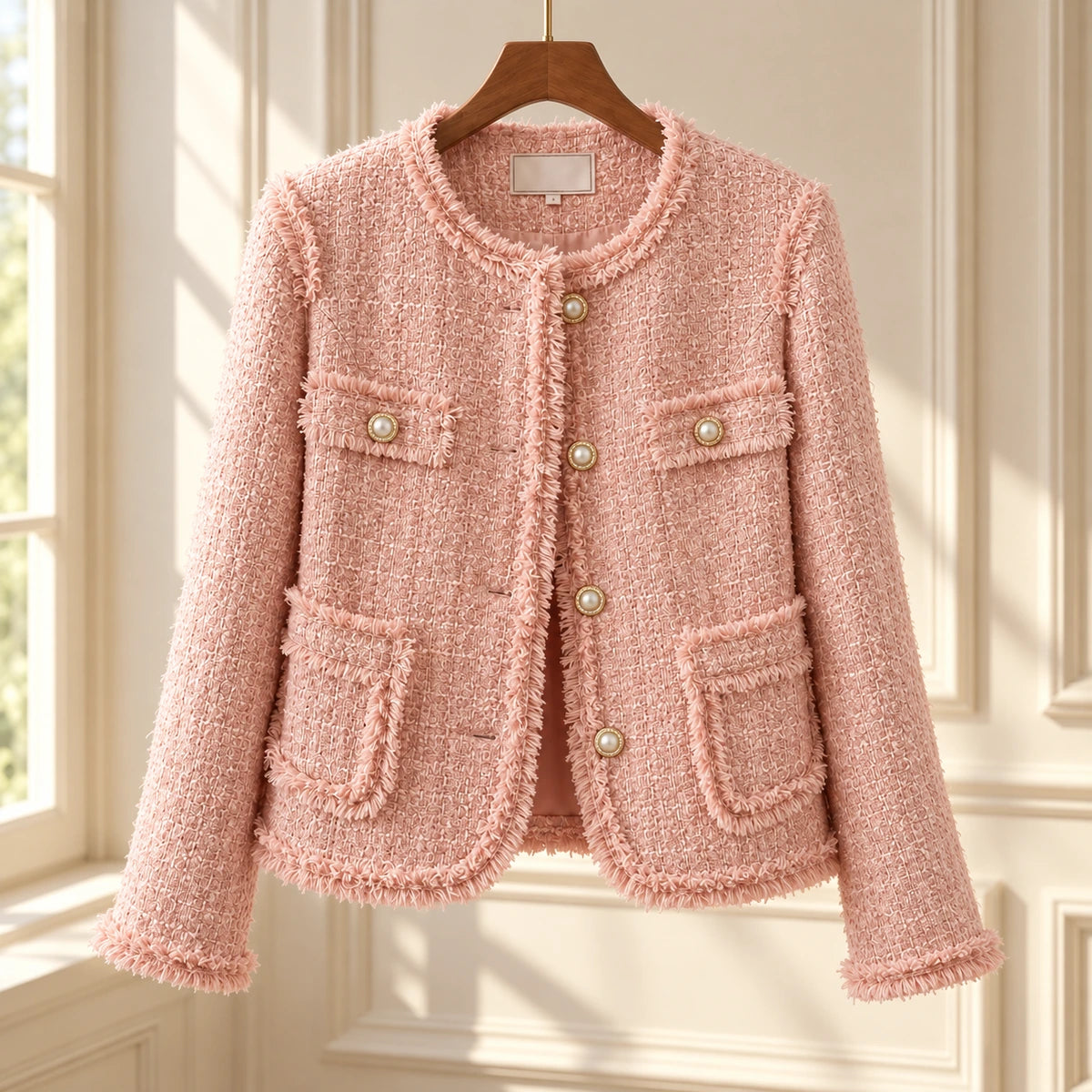 Textured Fringe Blazer | Nola in Blush Pink, editorial front view