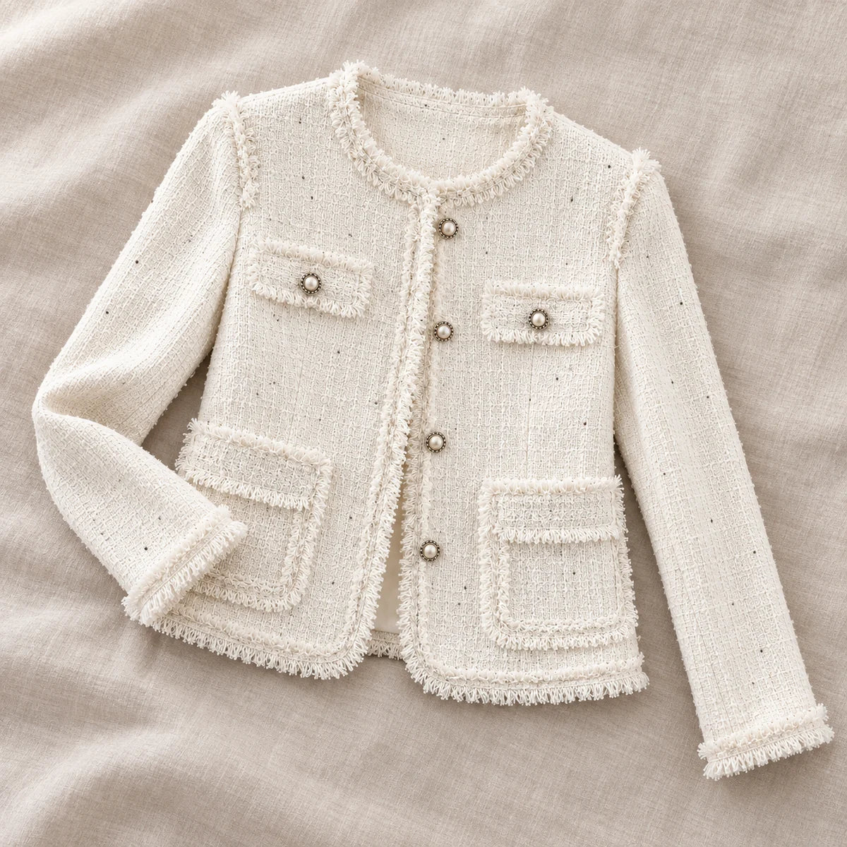 Textured Fringe Blazer | Nola in Ivory, overhead linen flat lay
