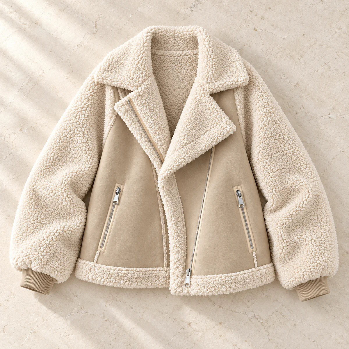 Suede Panel Sherpa Jacket | Annelise in Beige flatlay view