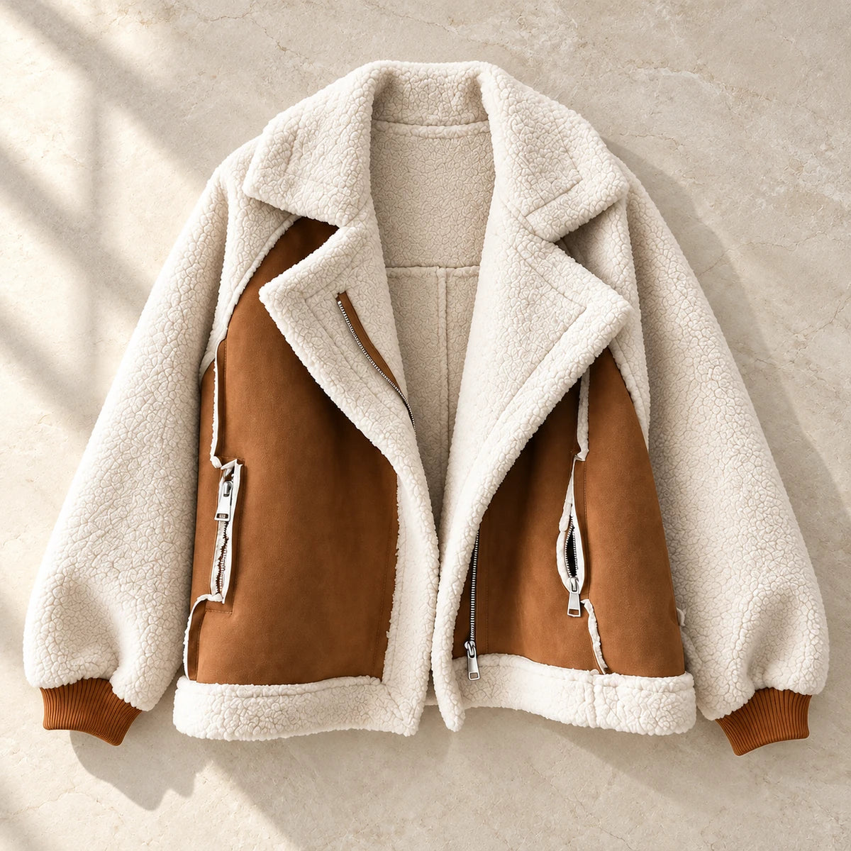 Suede Panel Sherpa Jacket | Annelise in Brown flatlay view