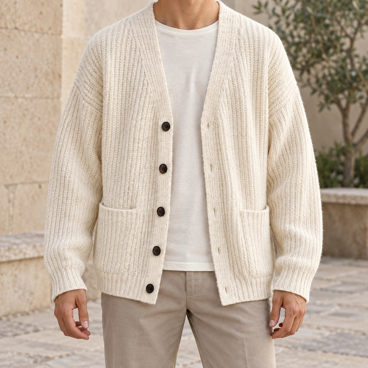 Textured V Neck Cardigan | Ellis in Ivory, neck down lifestyle view