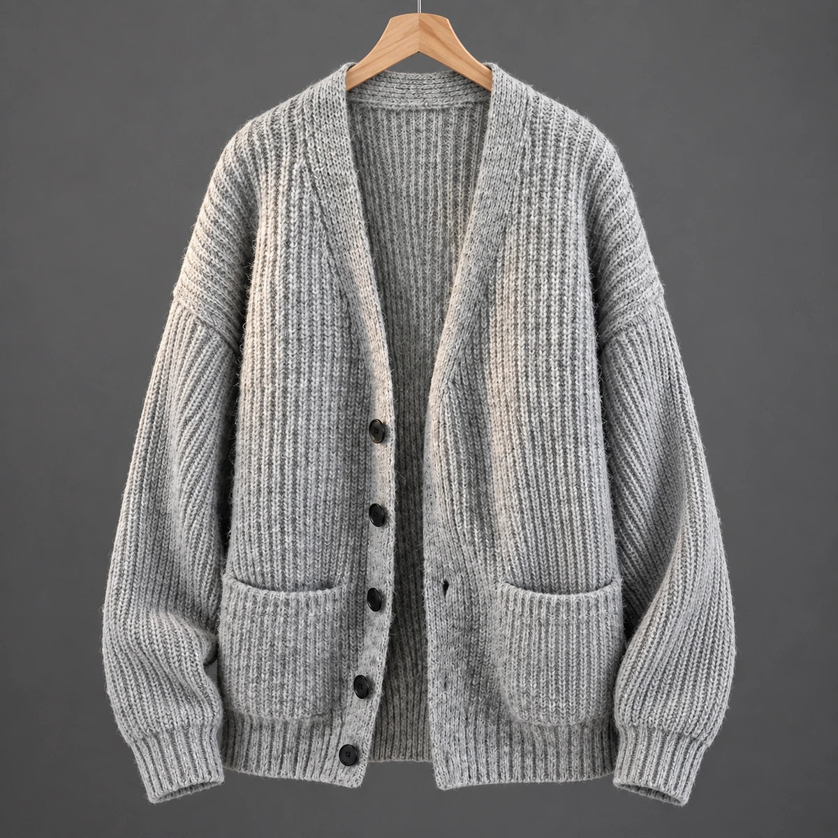 Textured V Neck Cardigan | Ellis in Light Gray, front hanging studio view