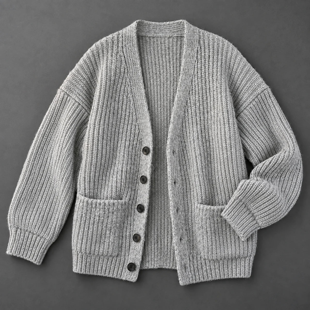 Textured V Neck Cardigan | Ellis in Light Gray, top down studio flat lay