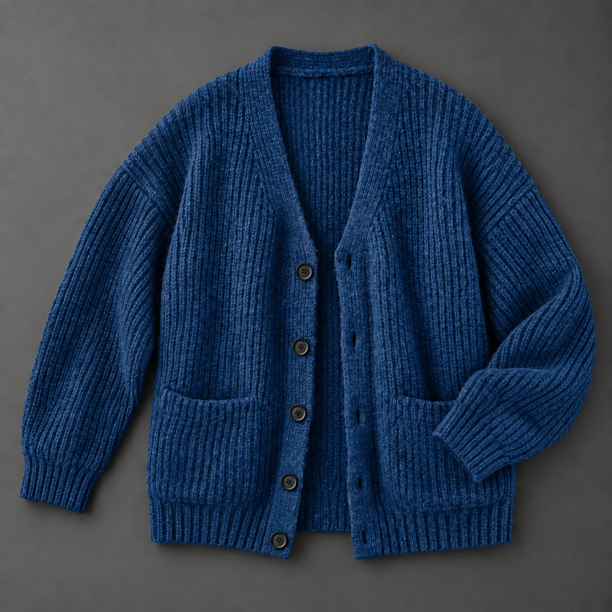 Textured V Neck Cardigan | Ellis in Navy Blue, top down studio flat lay