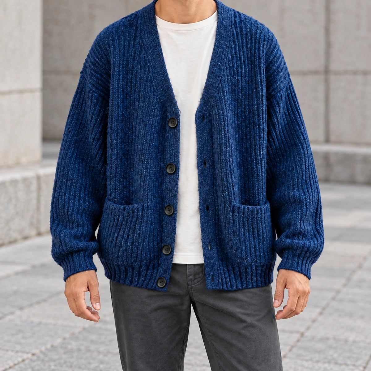 Textured V Neck Cardigan | Ellis in Navy Blue, neck down lifestyle view