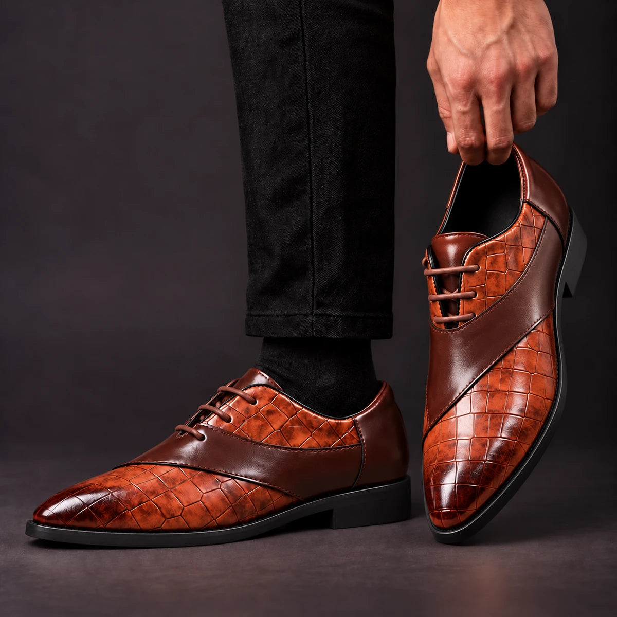 Leather Oxfords | Thibault Brown model handheld, matching left and right pair