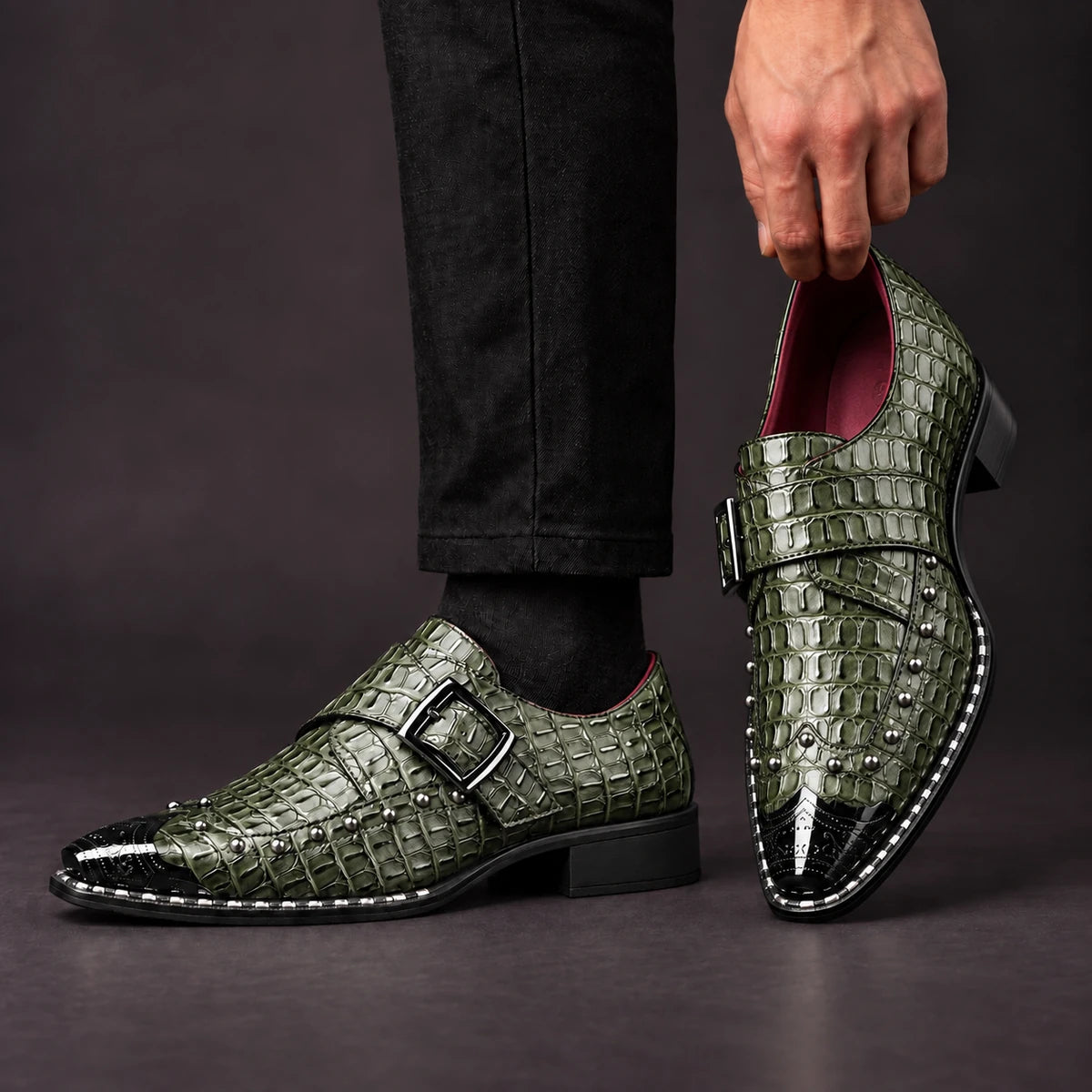 Leather Monk Shoes | Vasili Green model handheld, matching left and right pair