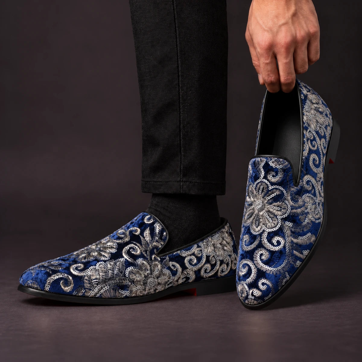 Leather Loafers | Walden Blue model handheld, matching left and right pair
