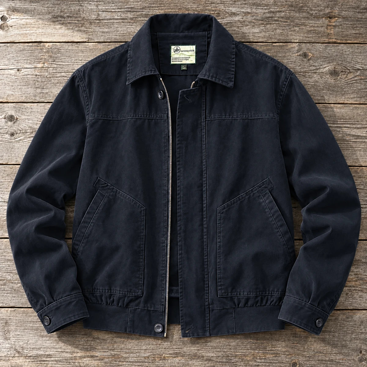 Cotton Jacket | Hugo Blue true overhead flat lay on weathered gray timber