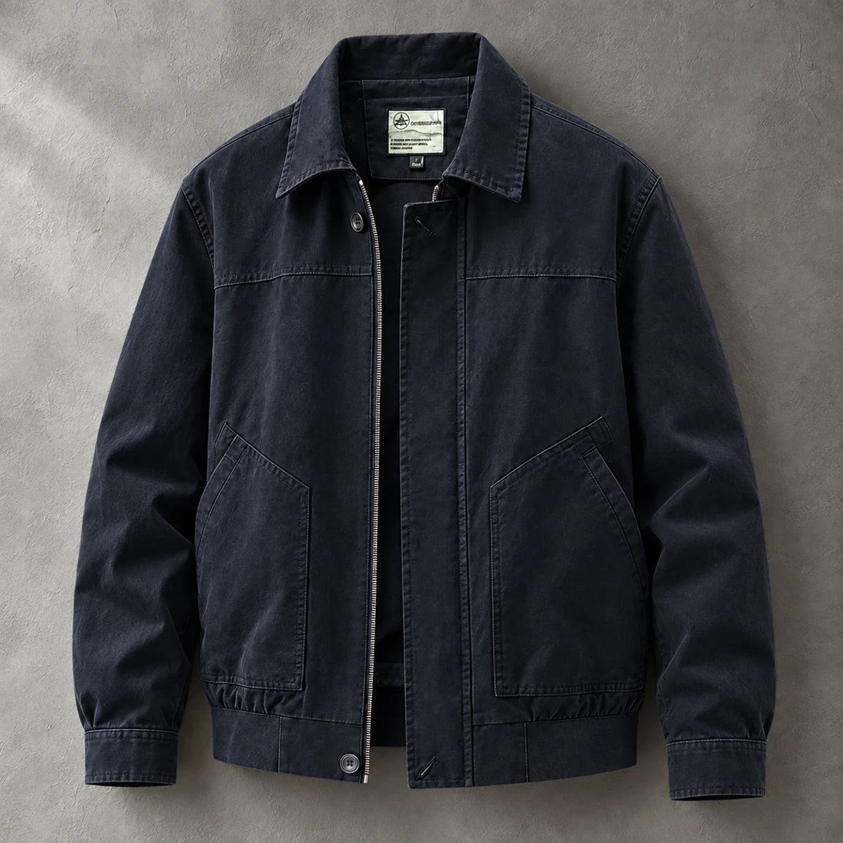 Cotton Jacket | Hugo Blue front hanging garment on graphite plaster wall