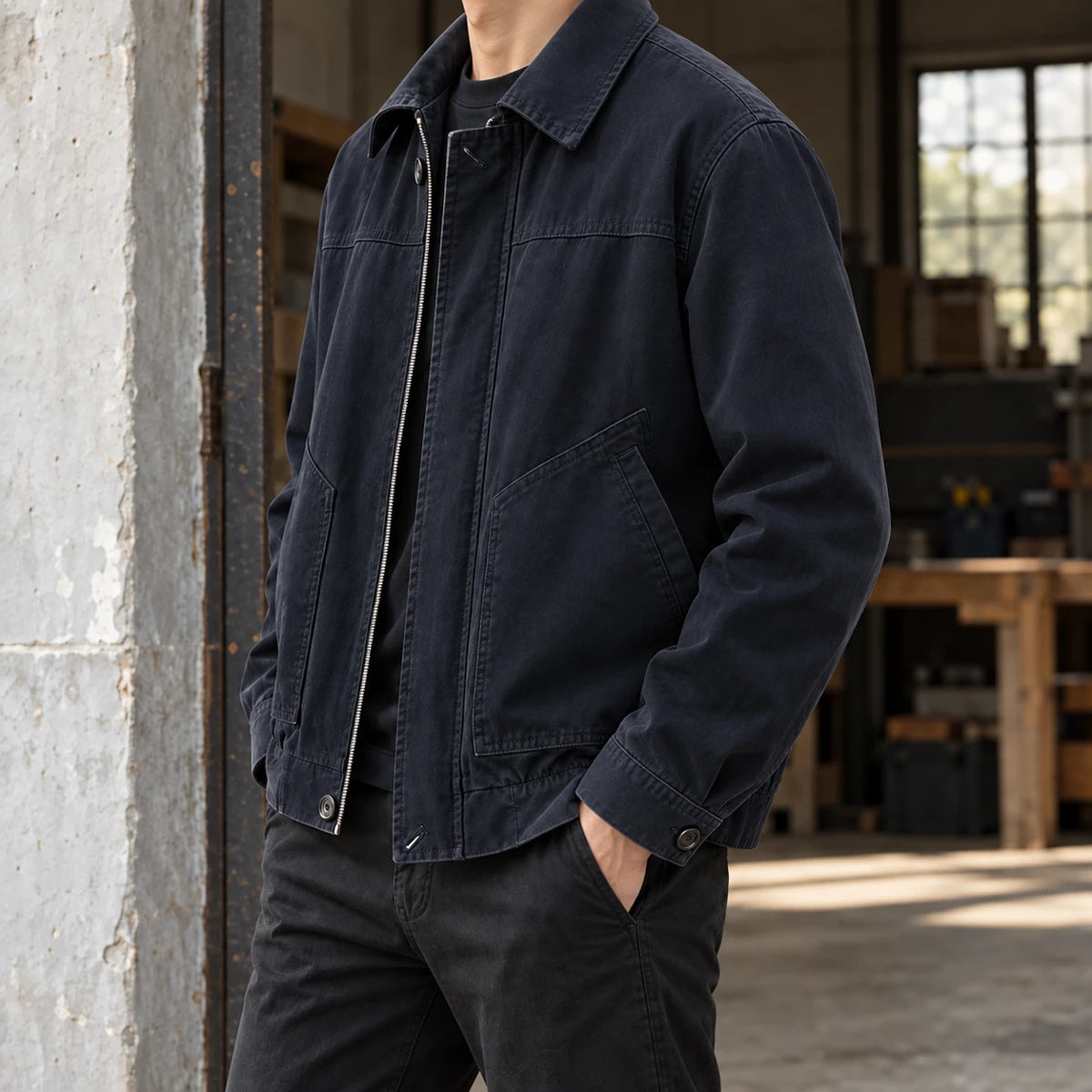 Cotton Jacket | Hugo Blue neck-down wearer standing side-on at concrete workshop entrance