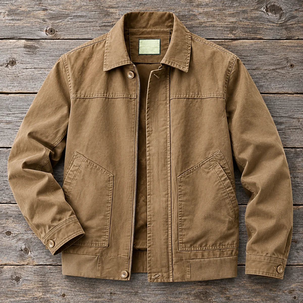 Cotton Jacket | Hugo Brown true overhead flat lay on weathered gray timber