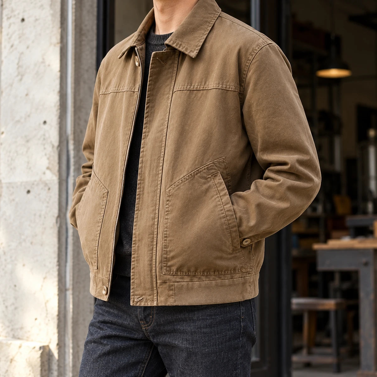 Cotton Jacket | Hugo Brown neck-down wearer standing side-on at concrete workshop entrance