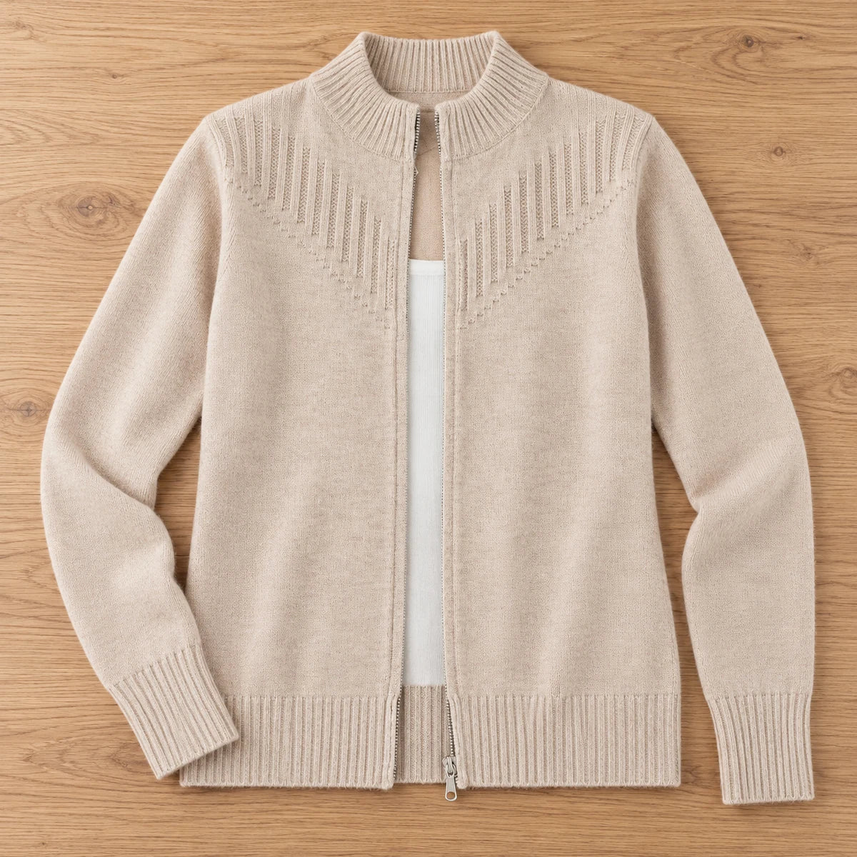 Wool Blend Cardigan | Dahlia in Beige overhead flat lay view